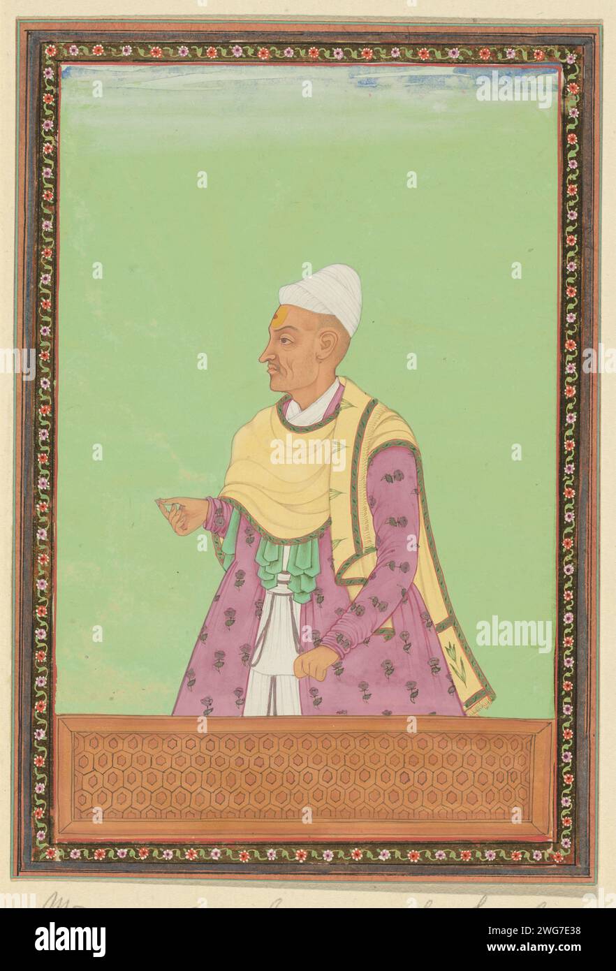 Portret van Madanna Panit, Belastingklerk (Majmudar) van Abul Hasan Padshah, C. 1677 - c. 1687 drawing. Indian miniature Madanna Panit is depicted up to his hips, used to the left, his right hand lifted as if he is holding something. Leaf 37 in the `Witsen album ', with 49 Indian miniatures of princes. Above the portrait a piece of paper with the name in Persian. Under the portrait a piece of paper with the name in the Portuguese. Golkonda paper. deck paint. gold leaf. gouache (paint) brush ruler, sovereign. historical person (...) - historical person (...) portrayed alone Stock Photo